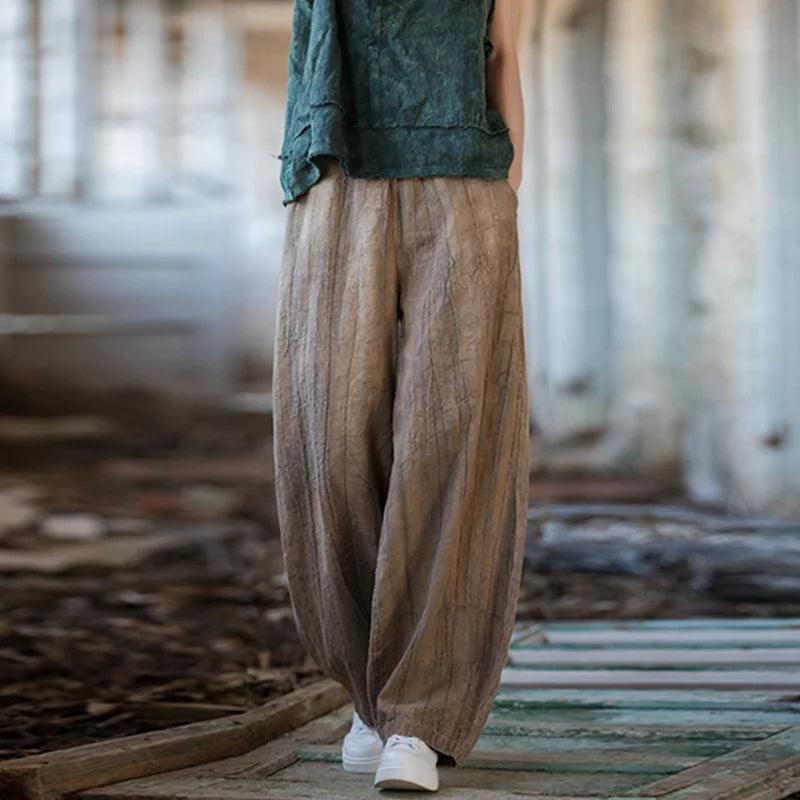 Elegant Women's Cotton Linen Baggy Cargo Pants Vintage Elastic Waist Yoga Trousers Loose Casual Long Wide Leg Oversize Clothes