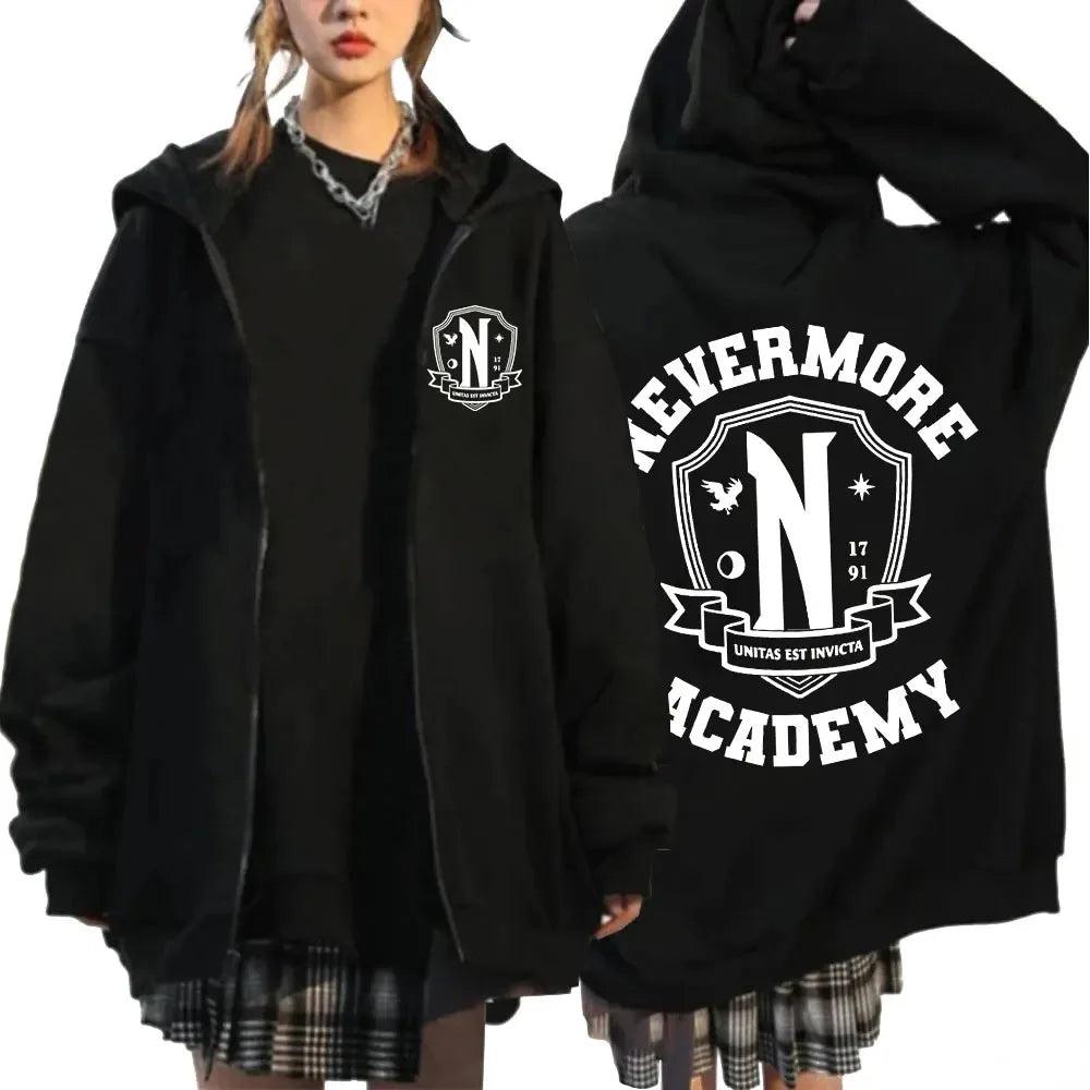 Wednesday Addams Nevermore Academy Zipper Hoodie Men's Graphic Logo Cardigan Sweatshirts Harajuku Oversized Zip Up Coats Hoodies - go do best