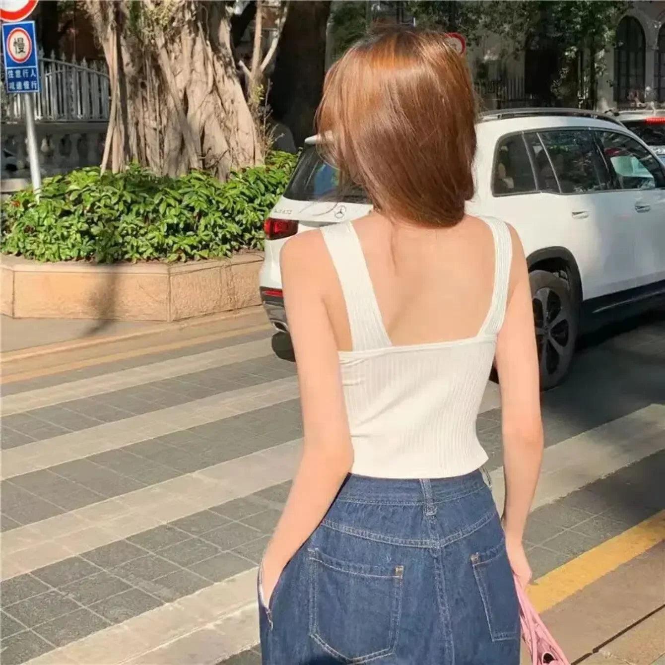 Women's Cropped Tops with Bra Pads Summer Corset Korean Suspenders Vest Sexy Camisole Slim - go do best