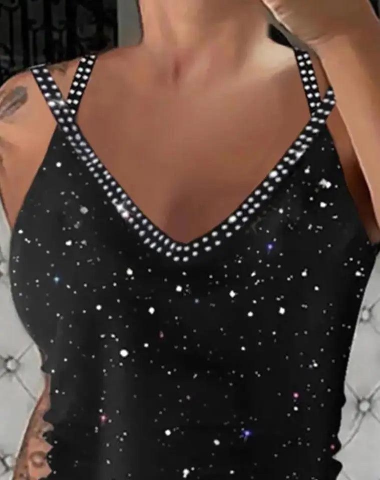 Glitter Rhinestone V-Neck Cami Tops - go do best