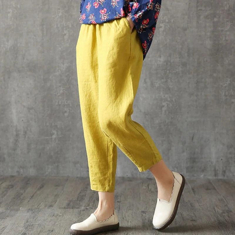 Rimocy Summer Loose Cotton Linen Pants Women Casual Elastic High Waist Harem Pants Woman 2024 Thin Ankle Length Trousers Womens