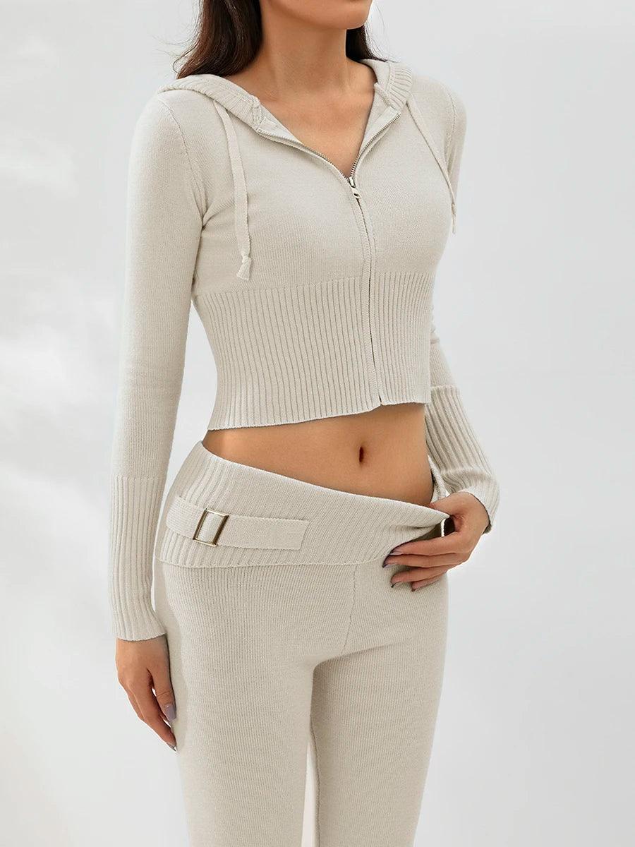 Women Cozy Ribbed Knit Lounge Set Long Sleeve Zip Up Hoodie with High Waist Wide Leg Pant 2 Piece Loungewear Ensemble Casual Set - go do best