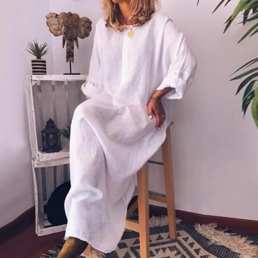 Casual Women Solid Color Oversize Maxi Cotton Linen Long Shirt Kaftan Dress Robe Femme Vestido Casual Party Pocket Dress 원피스