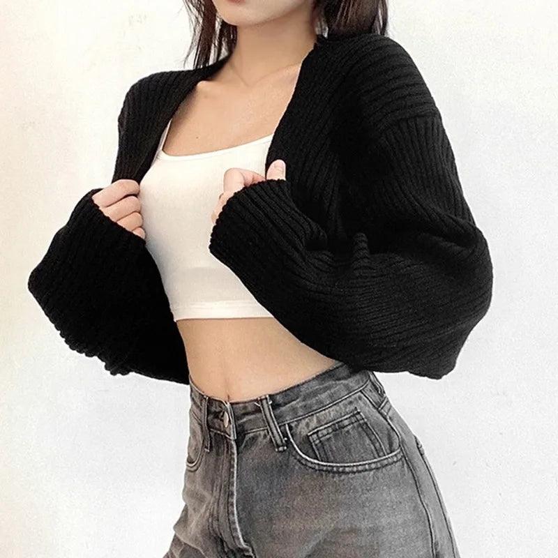 Open Front Sweater Long Sleeve Cropped Loose Cardigan for Women Dressy - go do best