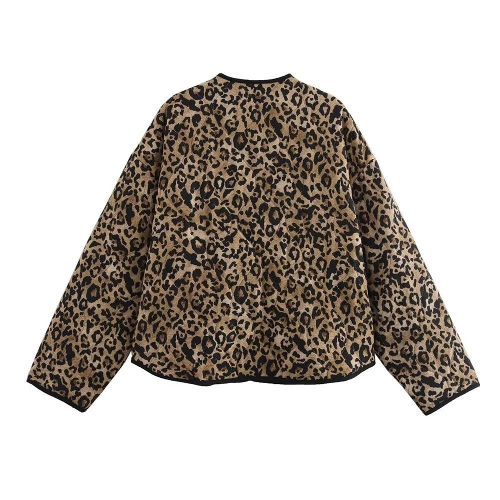 new women's fashion animal print round neck long sleeve single-breasted cotton jacket coat - go do best