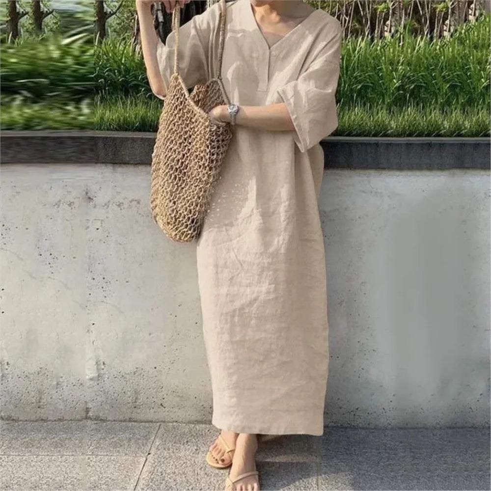 Short Sleeve V-neck Female Solid Color Casual Cotton And Linen Dress For Women Summer Loose Long Dress Elegant Women's Clothing