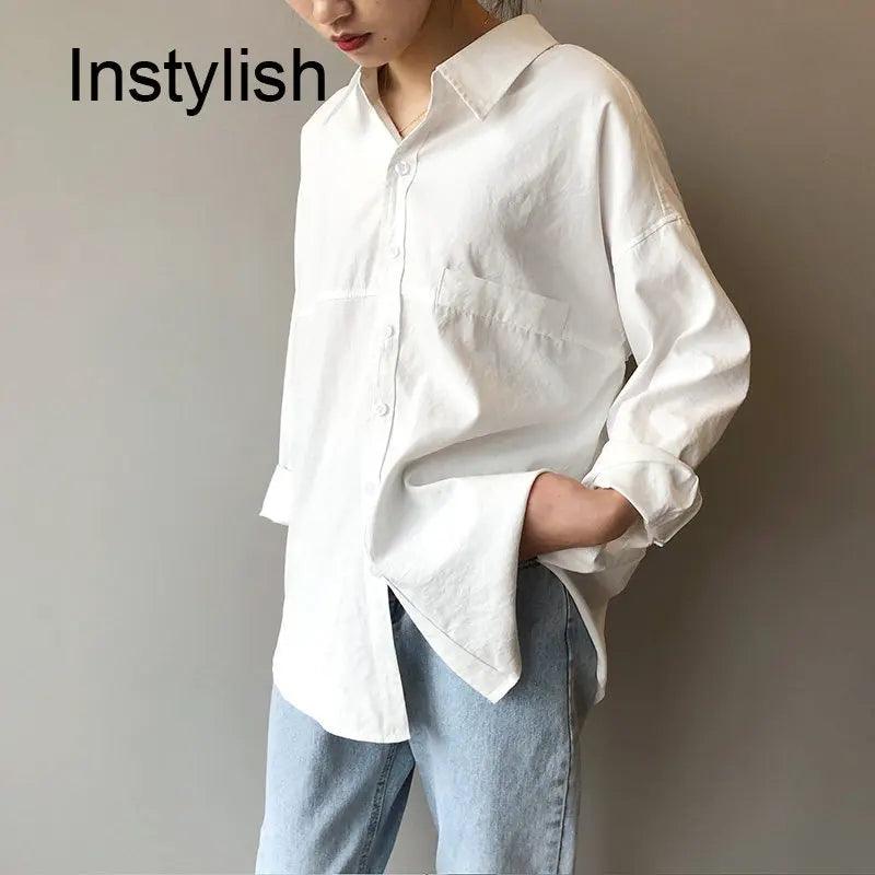 Korean Harajuku Loose Blouse Casual Long Sleeve Minimalist Loose White Shirts for Women Elegant Cotton Turn-down Collar Tops