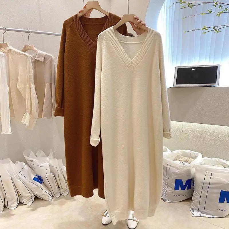 Size 10XL 150kg High Quality Sweater Dress for Women Solid Color V Neck Pullover Thick Autumn and Winter Long Dress