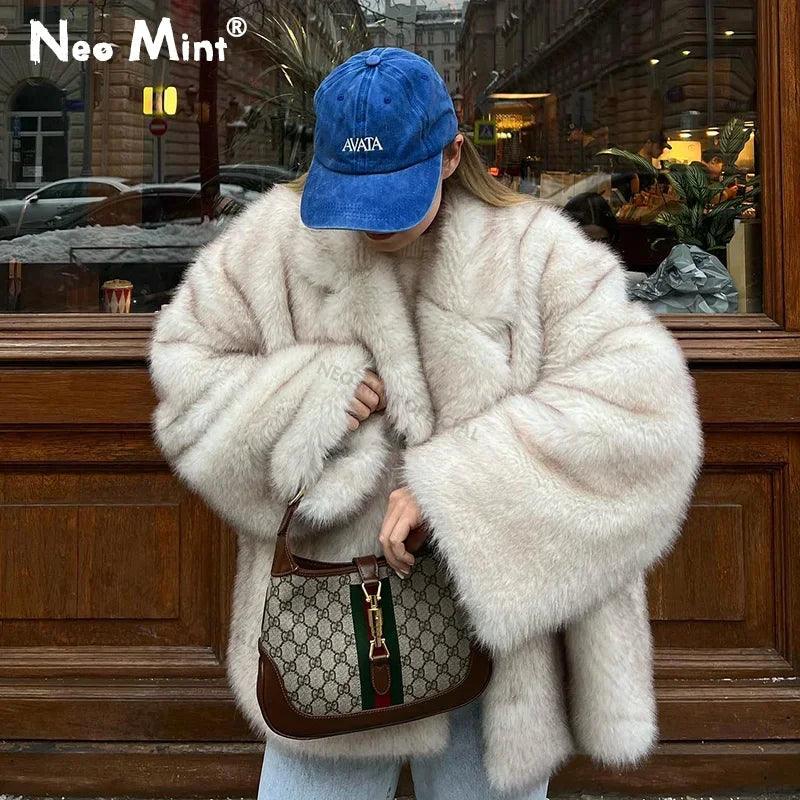 2024 Winter Ins Hot Fashion Girls Oversized Gradient Fur Coat Women Thick Warm Outerwear Fluffy Faux Fox Fur Jacket - go do best