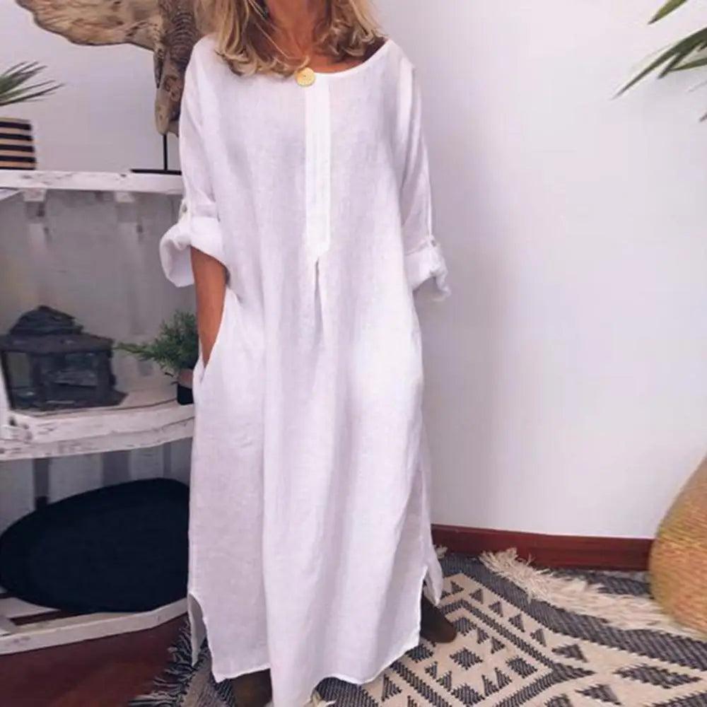 Casual Women Solid Color Oversize Maxi Cotton Linen Long Shirt Kaftan Dress Robe Femme Vestido Casual Party Pocket Dress 원피스