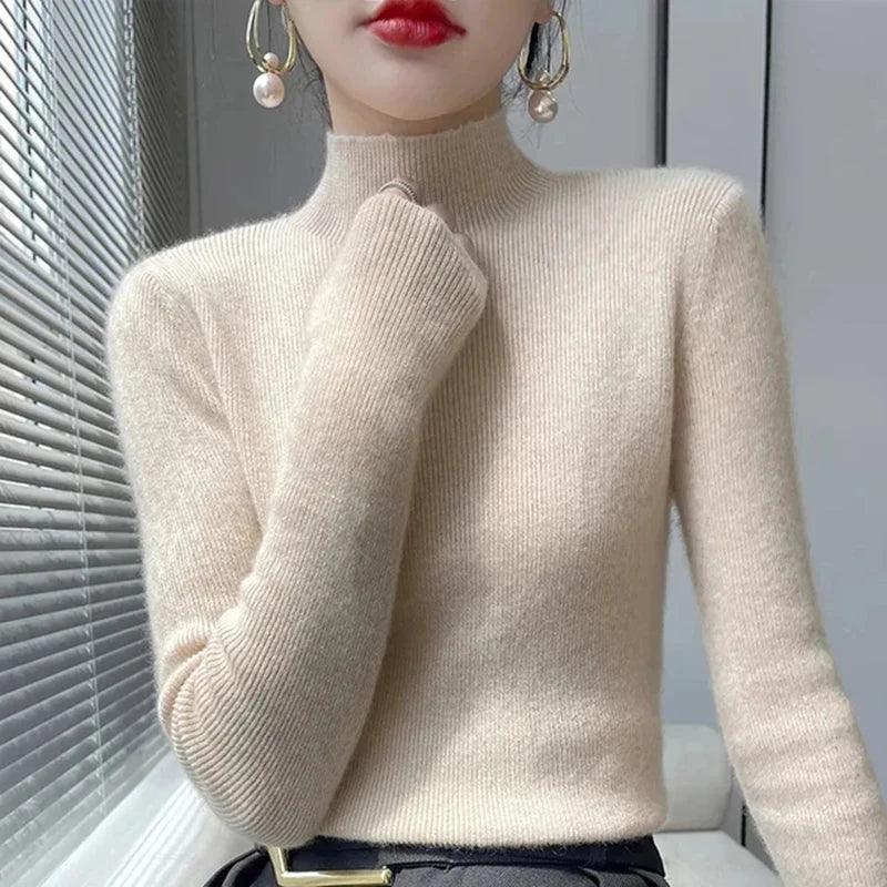 Solid Sweater Women Half Turtleneck Knitted Pullovers Harajuku Korean Thick Knitwear Autumn Winter Fashion Slim Jumpers - go do best