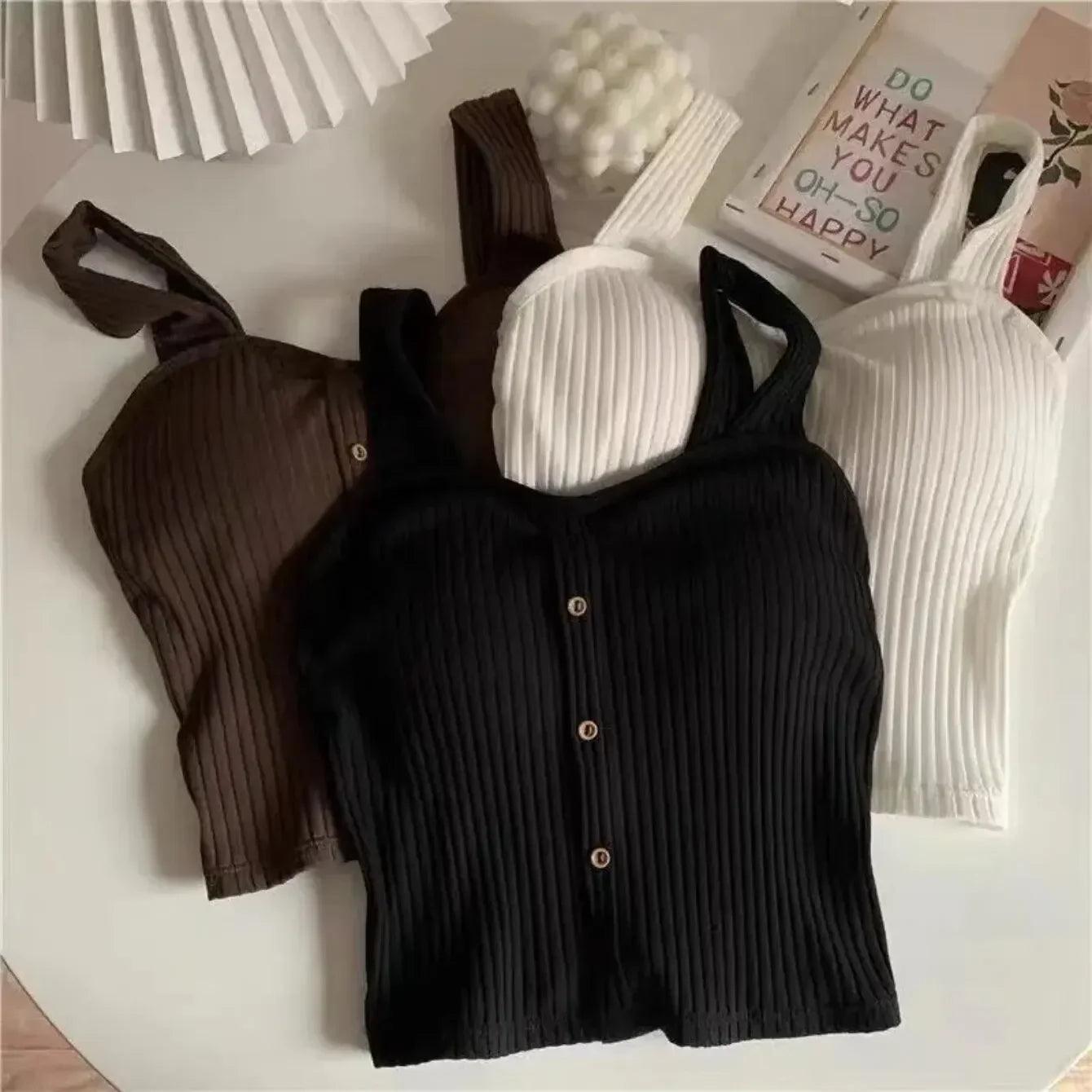 Women's Cropped Tops with Bra Pads Summer Corset Korean Suspenders Vest Sexy Camisole Slim - go do best