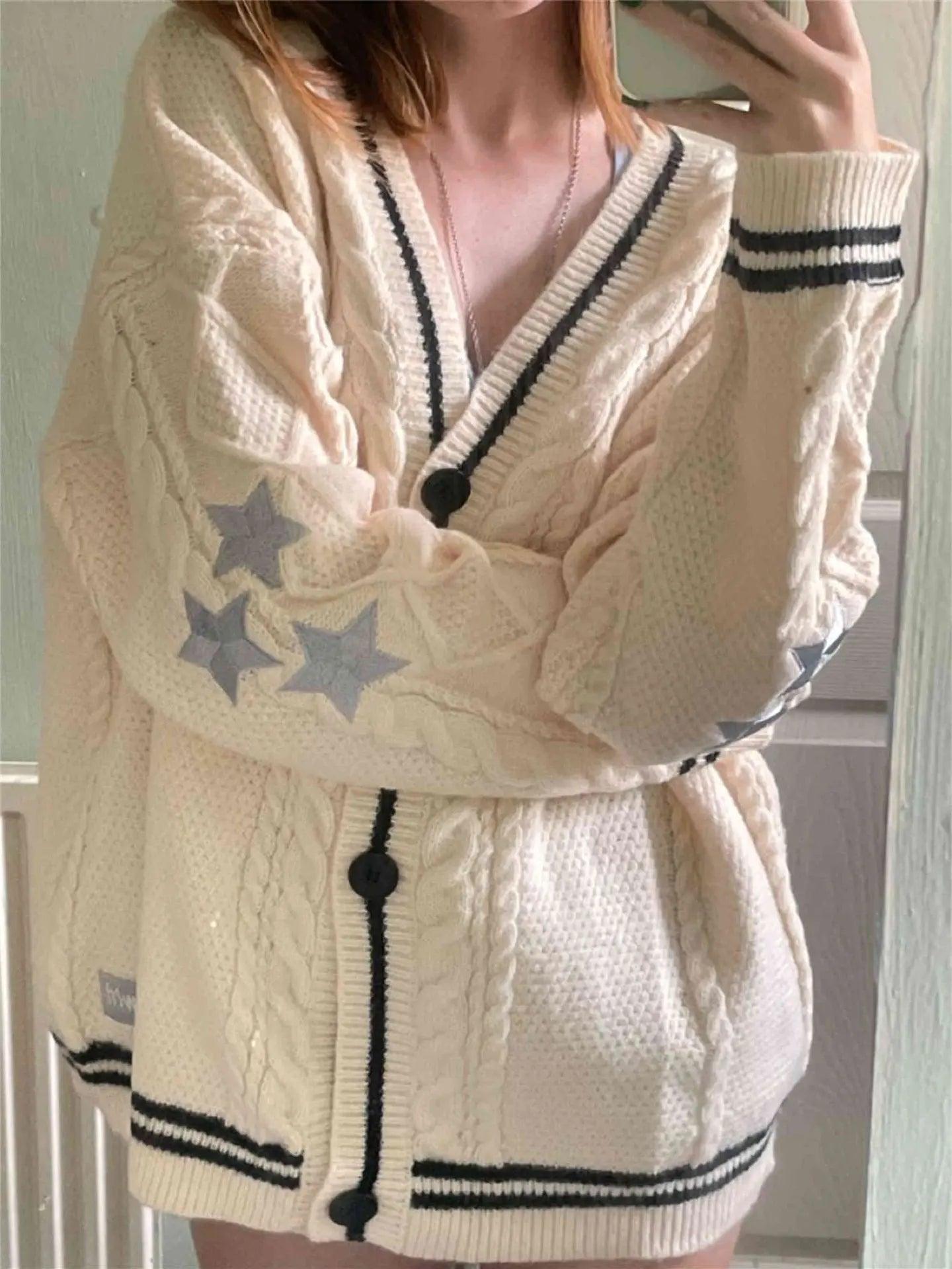 Star Loose Sweaters for Women Long Sleeve Single Breasted Oversize Knitted Cardigans Taylor Long Sleeve Top - go do best