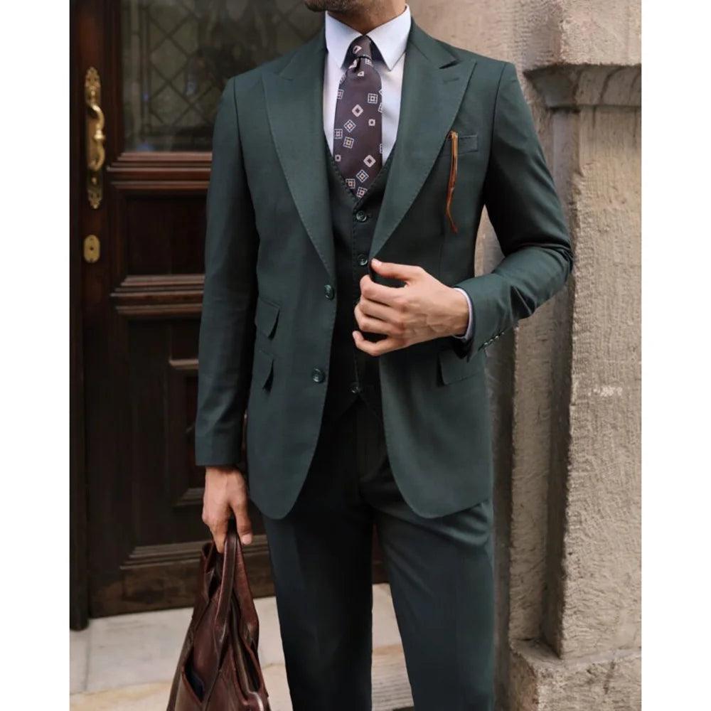 Men's Suits Dark Green 3 Piece Fashion Peak - go do best