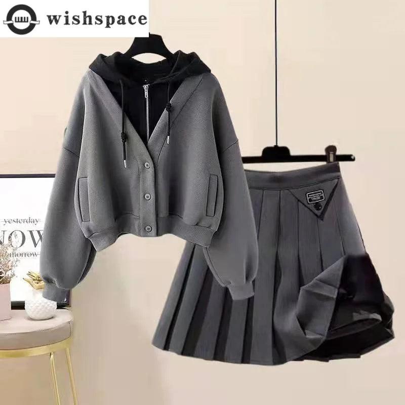 Plush Thickened Casual Long Sleeved Hooded Mini Pleated Skirt Two-piece Set Fashionable Women's Skirt Set - go do best